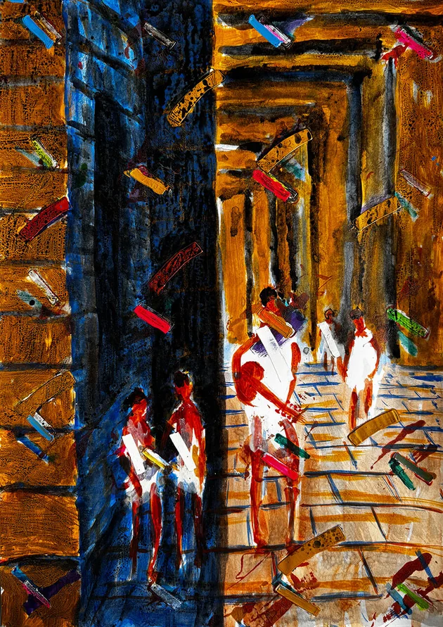 Temple Musicians by Mark Painter — Acrylic on Paper (2025)